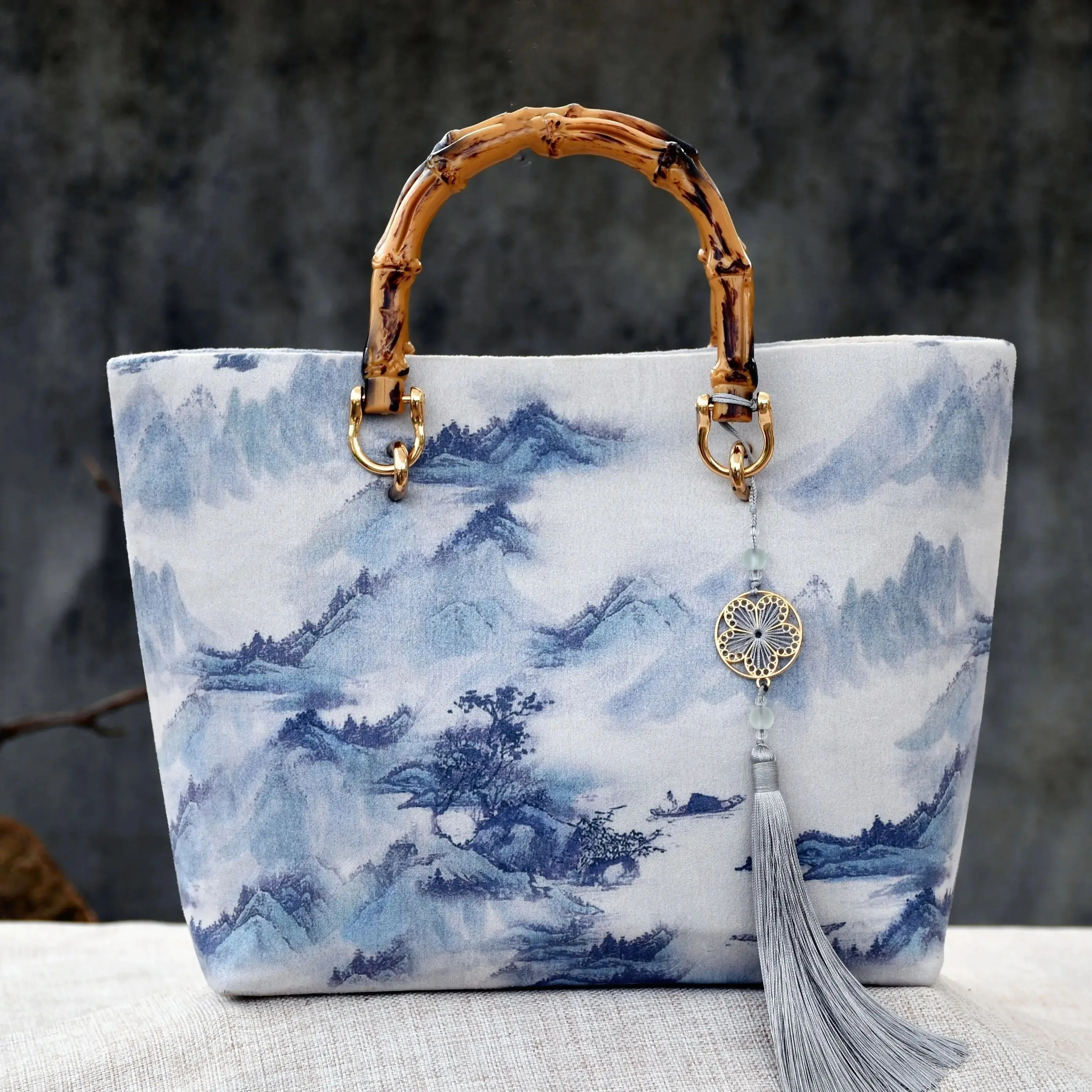 

Lost in Vinatge Faux Suede Ink Wash Flower Paiting Clutch Purse Bamboo Handle Metal Frame Evening Bag Hand-made Bags 30x24x8cm