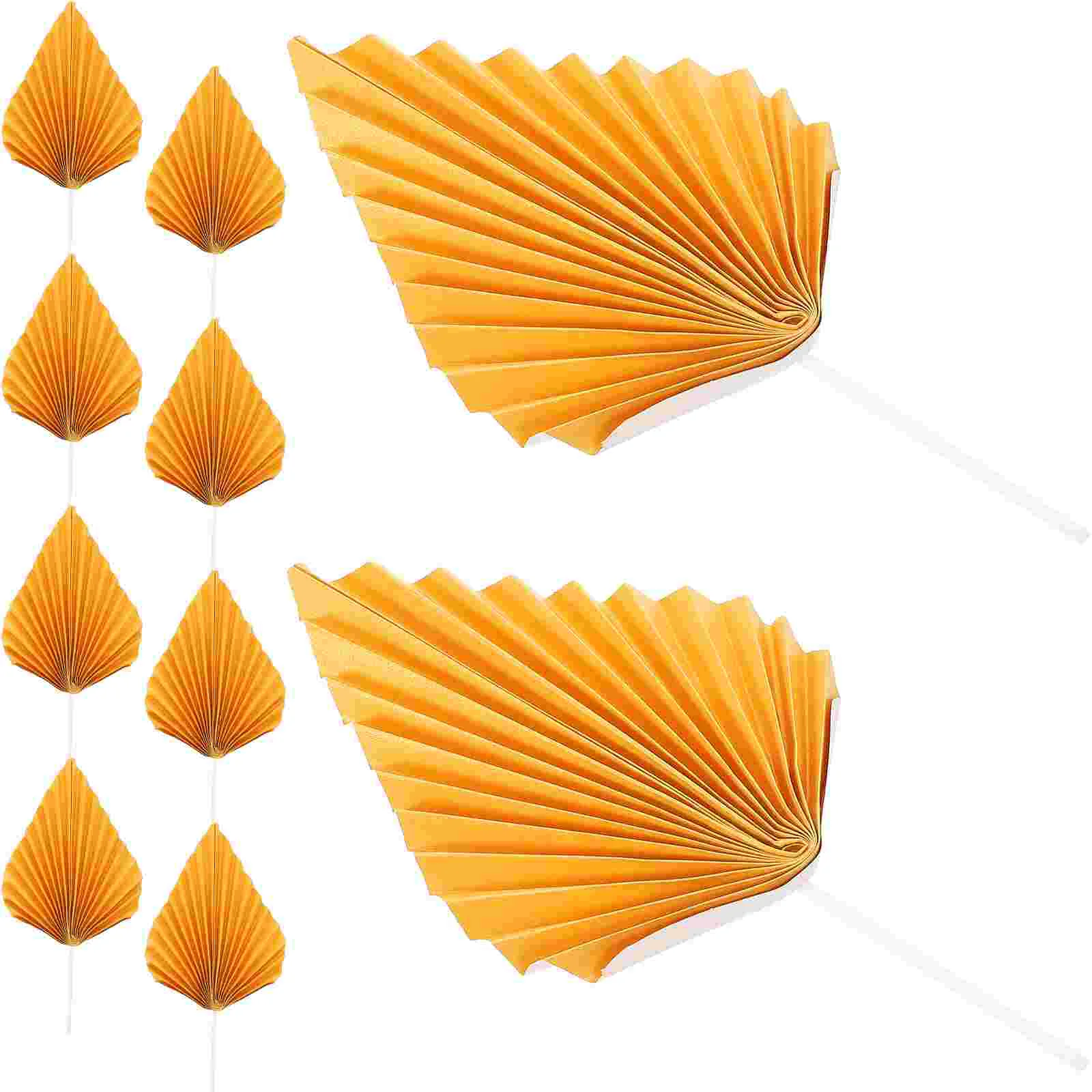 10 PCS Golden Palm Leaf Paper Fan Decorations for Birthday Cake Party Tropical Bohemian Style Decor Leaves Cake Topper