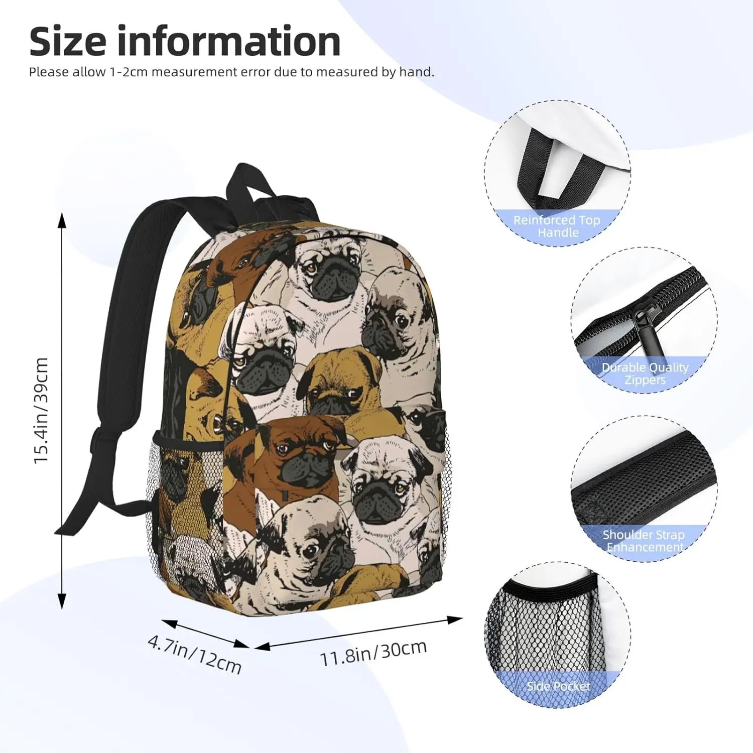 Pug Print Adults Backpack Lightweight Backpacks For Hiking Work Laptop Backpack Men Women