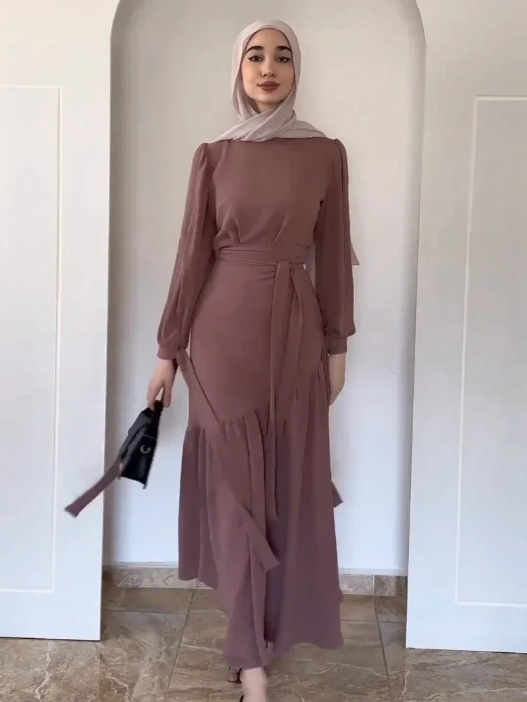 Temperament Elegant Muslim Women Two-piece Long-sleeved Round Neck Tie Splicing Pleated Dress Hem Slim High Waisted Female Suits