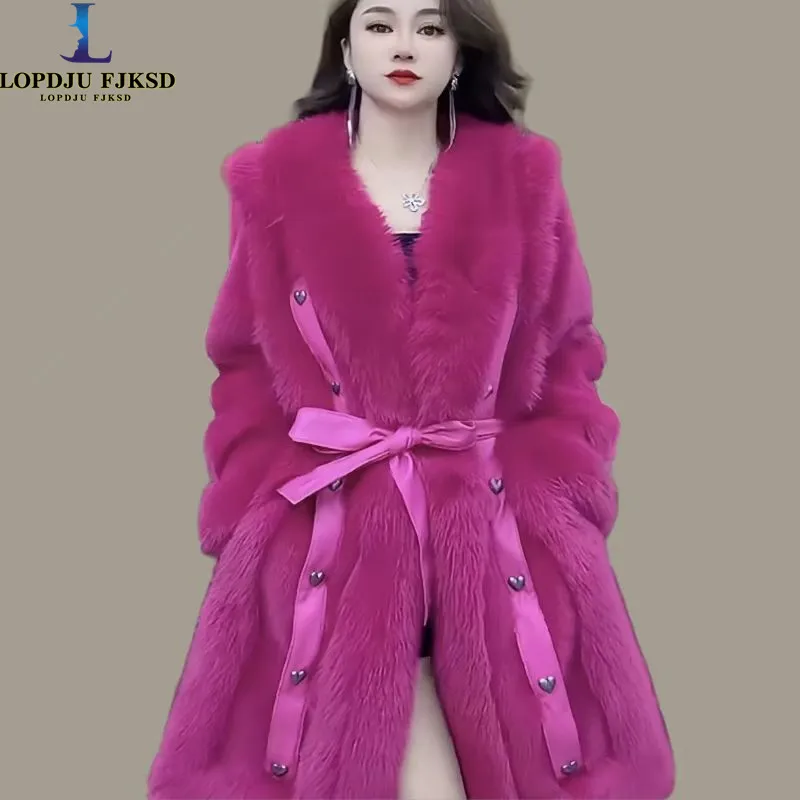 Faux Fox Fur Coat for Women,Adjustable Waist Jacket,Thick Warm Female Clothes,England Style,Autumn and Winter, 2024