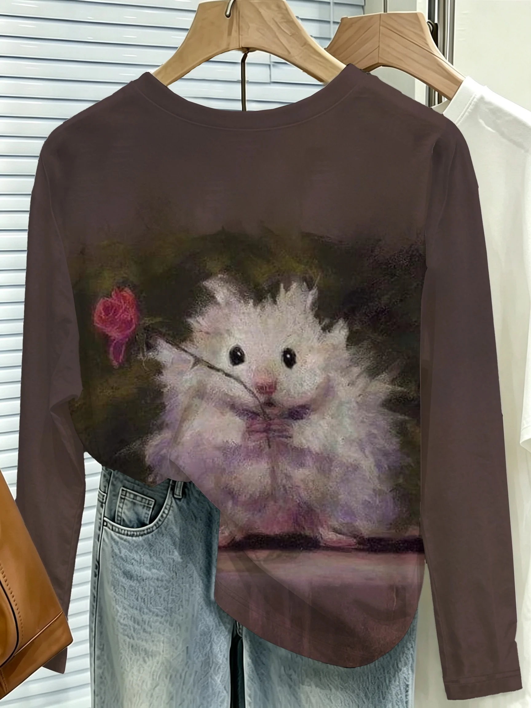 Women Long Sleeve Top Cute Hamster Rose Animal Print Crew Neck Autumn Festival Gift Casual Daily Wear Women's Clothes - view 2