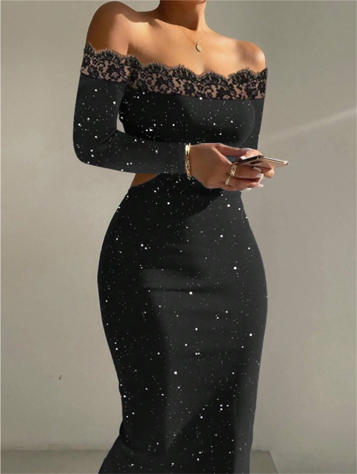 Robe de Rhen mousseline de soie à paillettes à manches longues pour femmes, ligne plissée, sexy, sans taille, hors de l'initiative, occasion formelle, robe et longueur de mollet