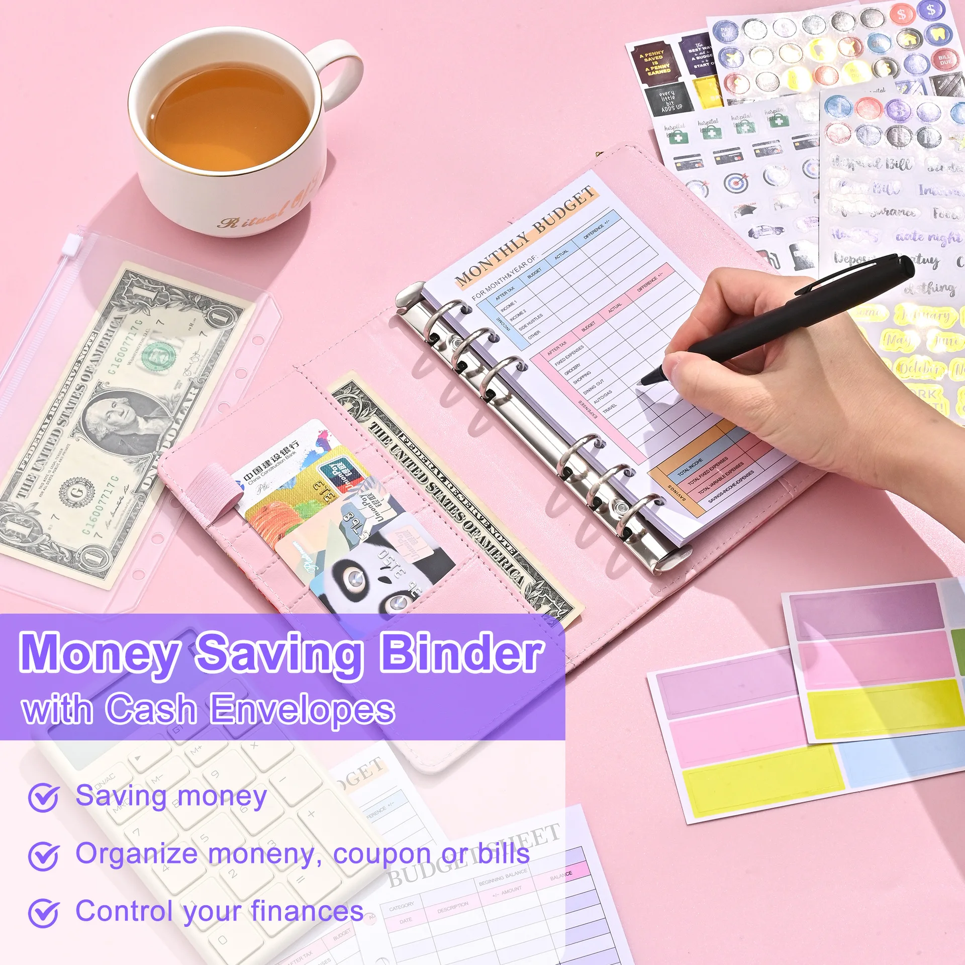 A6 Budget Binder Planner With Monthly Schedule Envelopes Colorful PU Leather Notebook Binder With 8 PCS A6 Binder Pockets