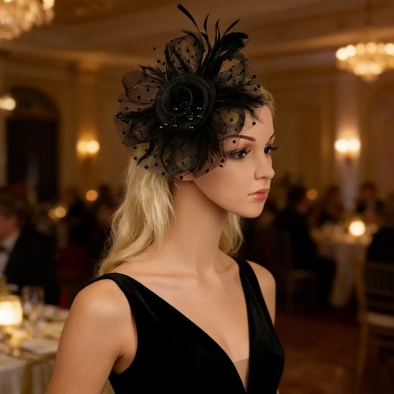 

Европейские аксессуары для волос, винтажный свадебный головной убор, заколка для волос с перьями и цветочным принтом, вуаль с жемчугом, повязка на голову, платье