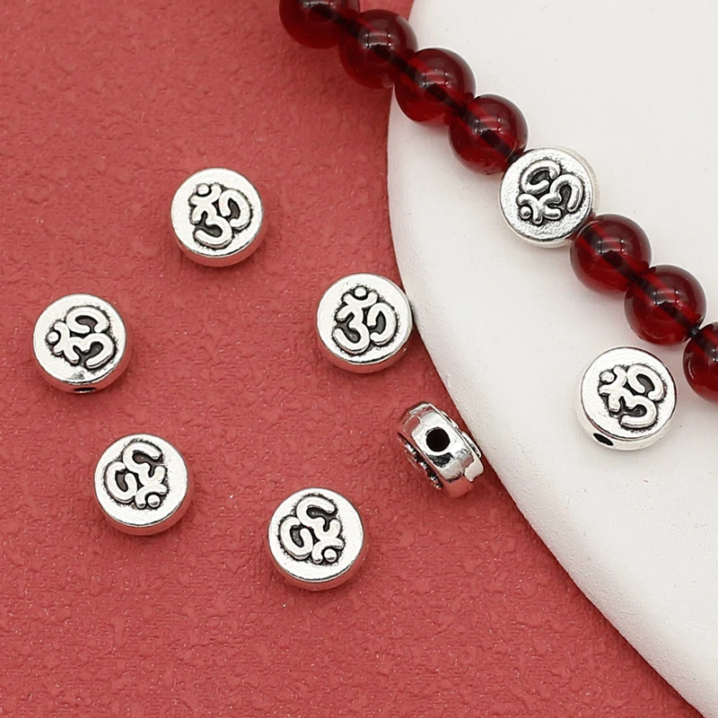 20pcs/lot Antique Flat Round Buddha OM Yoga Loose Beads 8x4mm Women Men Meditation Prayer Sanskrit Spacers DIY Jewelry Materials