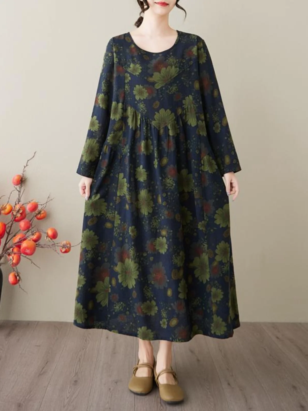 

High-End Retro Print Cotton Linen Long Sleeve Dress plus Size Slimming Midi A-Line Skirt Women Casual High Waist Spring Dress