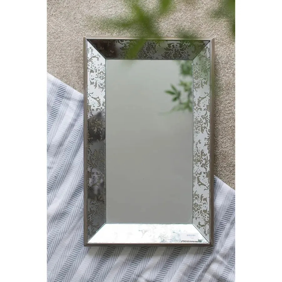 24" x 15" Antique Silver Rectangle Mirror Floral Accents Mirrored Display Tray Hanging Wall Mirror