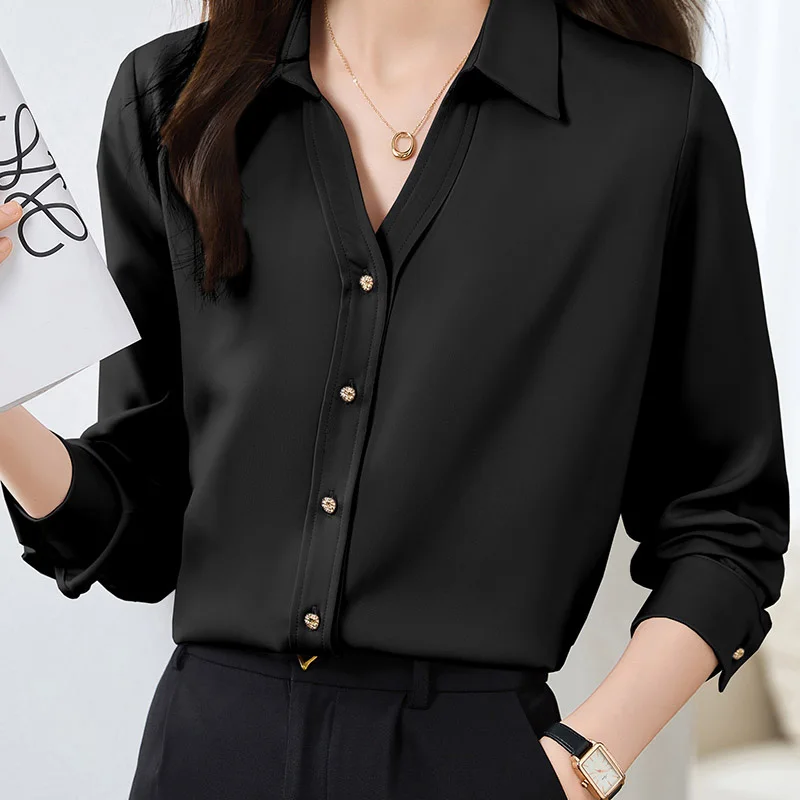 Women Fashion Solid Long Sleeve Shirts Spring Autumn Casual Loose Elegant Blouse Turn-down Collar Button Cardigan Tops