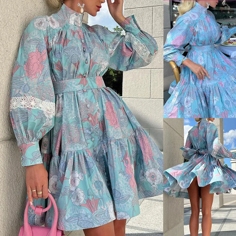 Mulher elegante impressão rendas até boho vestido puff manga cintura alta gola botões vestidos retro outono moda festa   ﻿