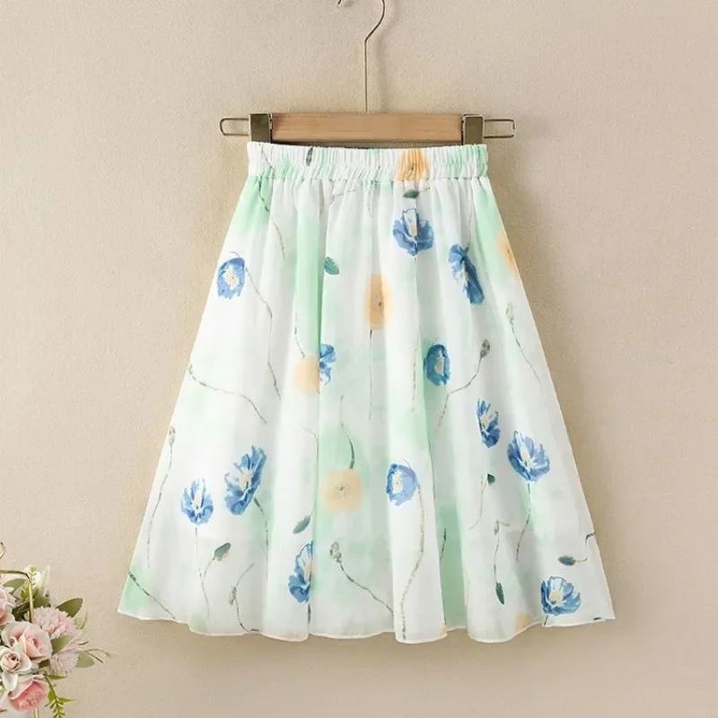 Vintage Bohemian Floral Print A Line Midi Skirt with Watercolor Design for Wome Girls Lightweight Chiffon Country Garden Skirt