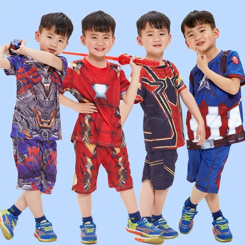 

Boys Children's Day Costume School Stage Performance Outfits Captain Iron Man SpiderMan Cosplay Short Sleeved Clothes Summer