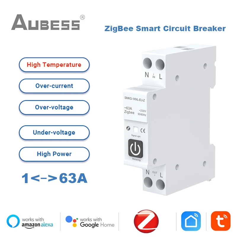 Tuya ZigBee Smart Circuit Breaker With Metering 1P 63A DIN Rail Smart Home Wireless Remote Control Switch Via Alexa Google Home