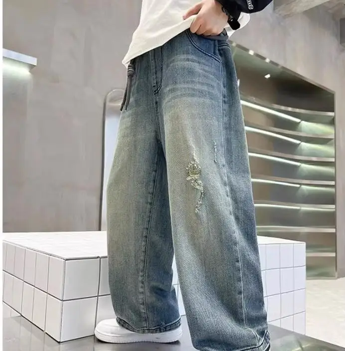 

Fashion Holes Blue Jeans for Boys - Kids & Teen Wide Leg Elastic Waist Denim Pants High Quality Clothing for Ages 4-14 Years