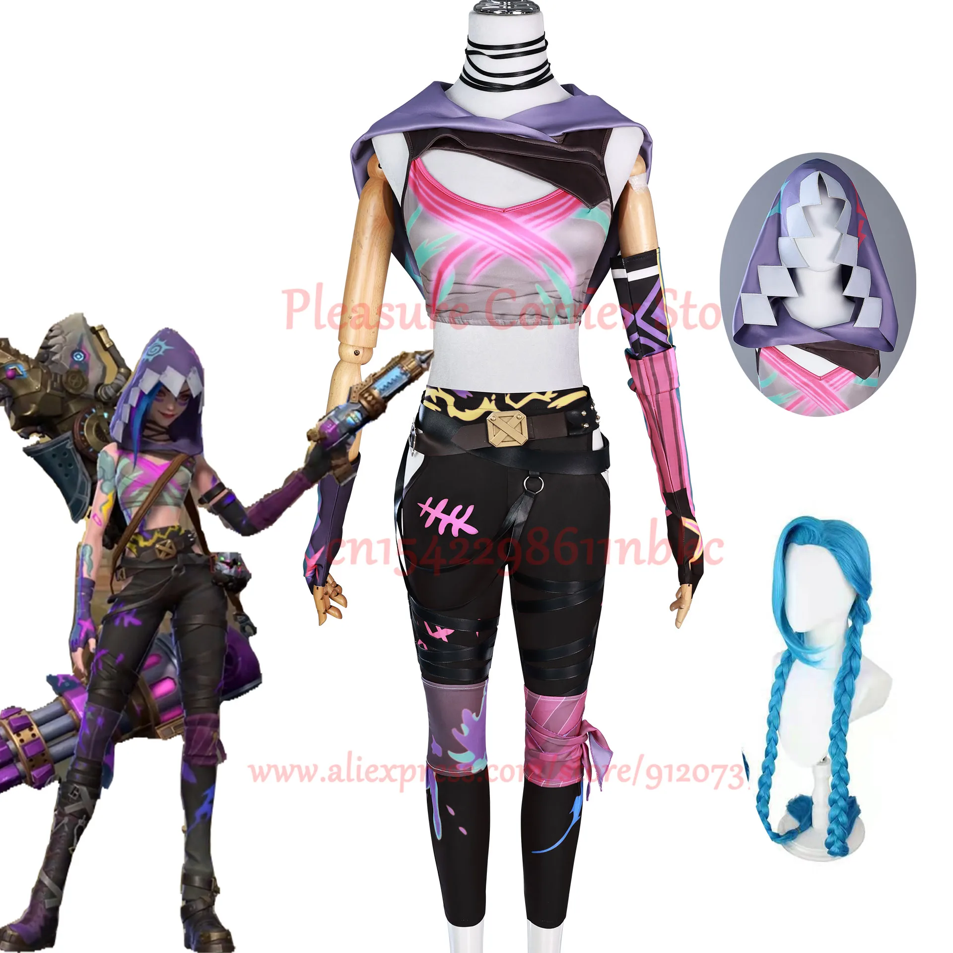 In Stock Game LOL Arcane 2 Prodigy Jinx Cosplay New Skin Jinx Cosplay Costume Wig JINX Shoes Outfit Wig Women Carnival Props