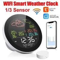 Colorful WIFI Smart Weather Clock Temperature Humidity Meter Radio Weather Forecast Calendar Digital Wall Clock with 1/3 Sensor