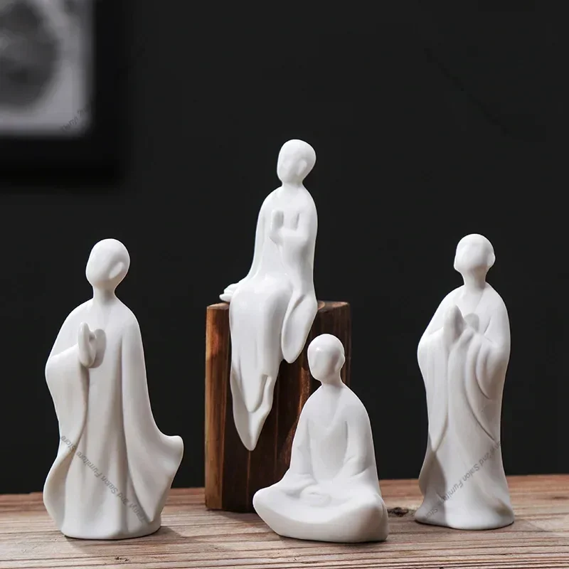 White Porcelain Monk Figurines Aesthetic Living Room Bonsai Fish Tank Miniatures Originality Vintage Home Decor Estatua FYFM