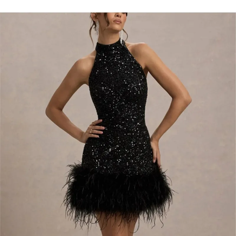 Sexy Kleid Vestidos Prom Kleider 2025, Frau Vestido Femininos Plüsch Saum Schlank Ärmellose Pailletten Bankett Party Elegante Temperament