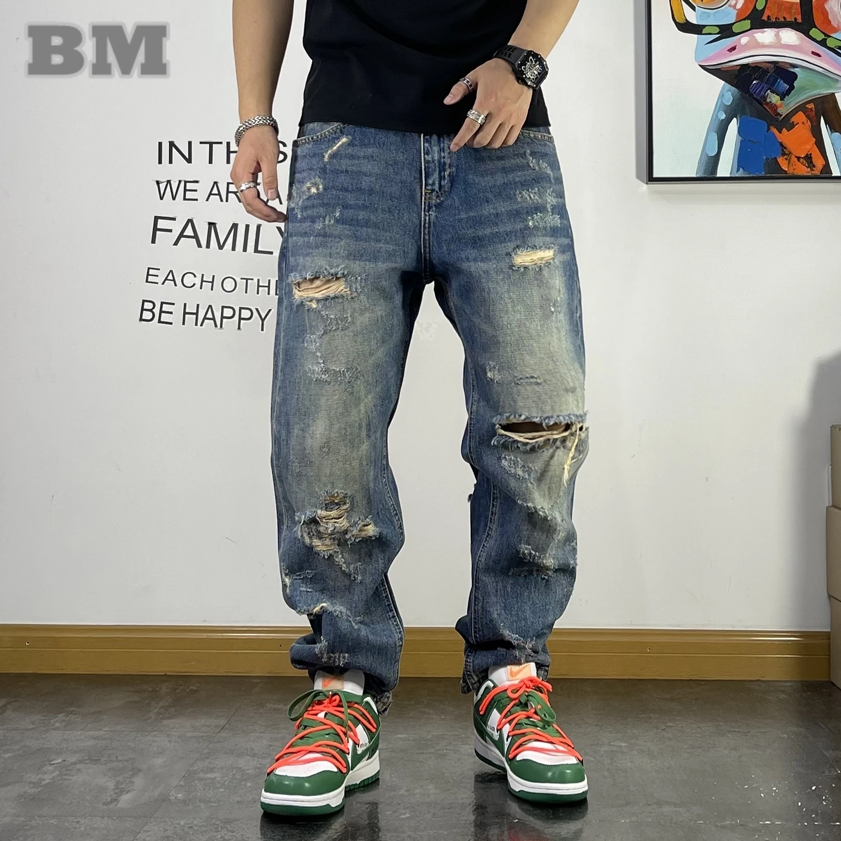 

American Streetwear Ripped Jeans For Men'S Clothing Japanese Harajuku Casual Baggy Jeans Hip Hop Beggar Denim Straight Pants