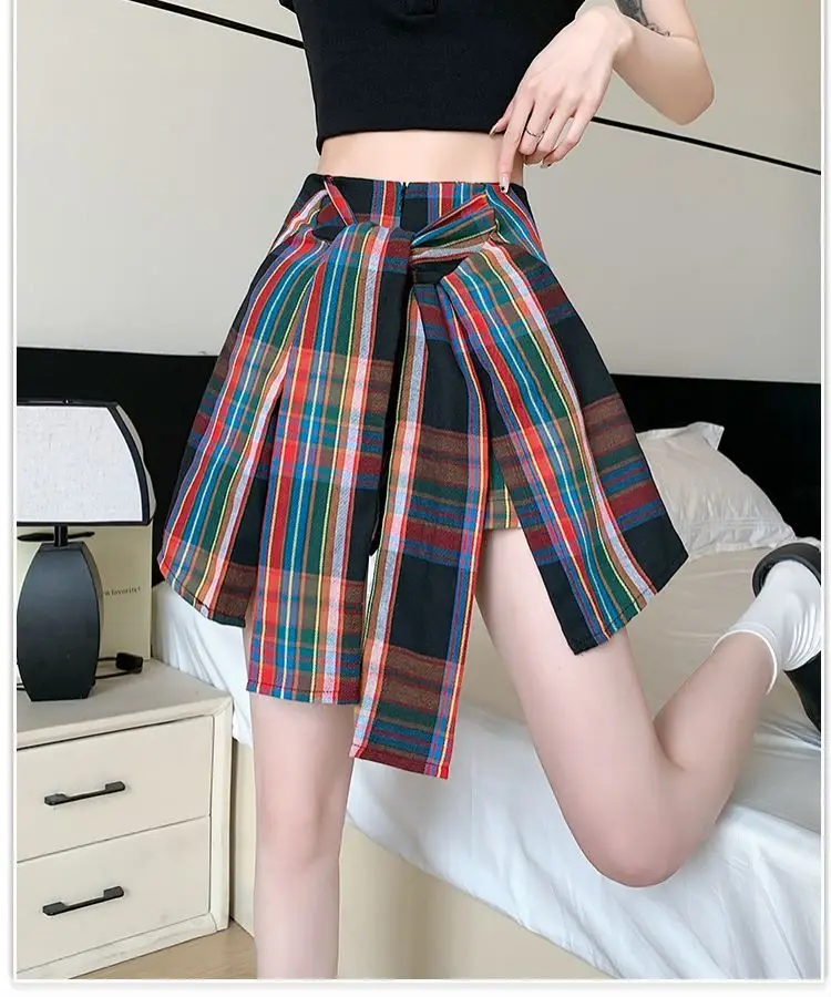 Unregelmäßige Karo koreanische Damen Reiß verschluss hohe Taille A-Linie Rock Sommer Patchwork Bogen Damen bekleidung jungen Stil neue Shorts