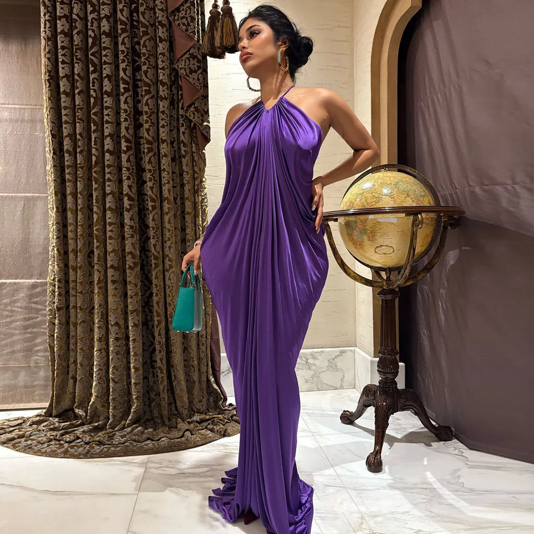 

Sexy Satin Maxi Dress Evening Club Wear Dresses 2025 Women Fall Winter Clothes Luxury Bodycon Party Halter Pleated Dress