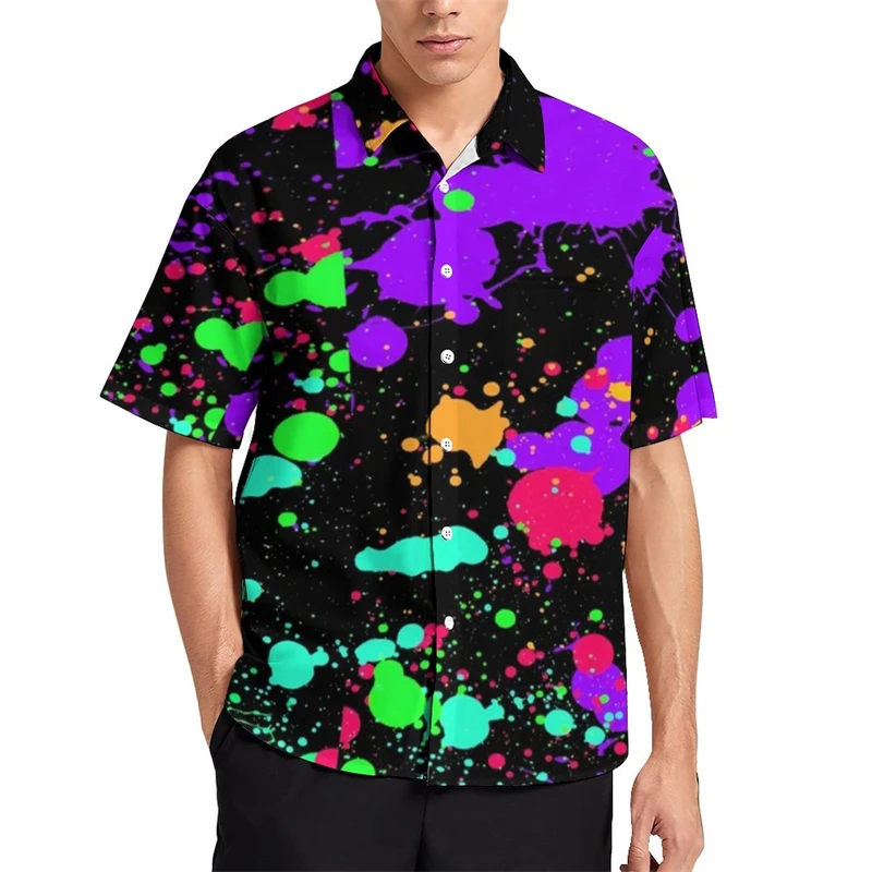 Novelty Colorful Neon Paint Shirt Man Pretty Splatter Print Casual Shirts Autumn Printed Blouses Lapel Short Sleeve Clothing Top