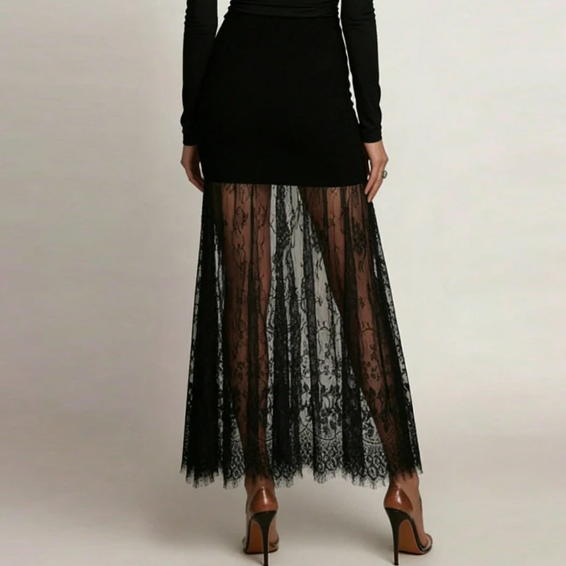 Simple Solid Color High Waist Slim A Line Skirt Office Temperament Lace Patchwork Women Skirt Fall Retro Pleated Hem Long Skirt