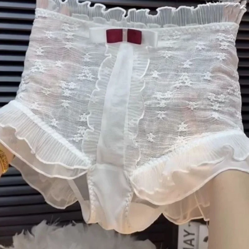 

Princess Cute Lace Bow Panties Sheer Mesh Sexy Underwear Women Lolita Sissy Mid-waist Soft Ruffled Hollowed Breifs Lingerie