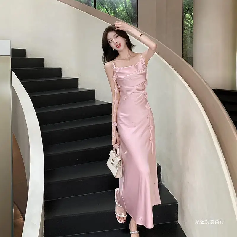 

Summer graceful satin swing collar flower sling dress mid-length slim fishtail hip skirt