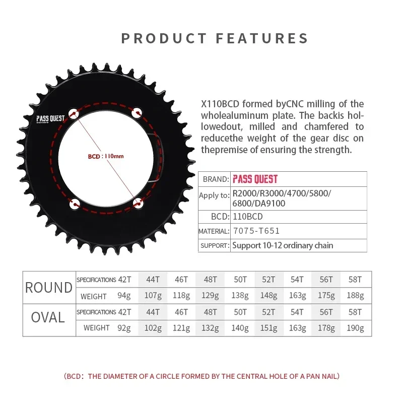 PASS QUEST X110 / 4 BCD 110BCD Round/Oval Road Bike Narrow Wide Chainring for R3000/4700/5800/6800/DA9000 crown bcd 110 60t