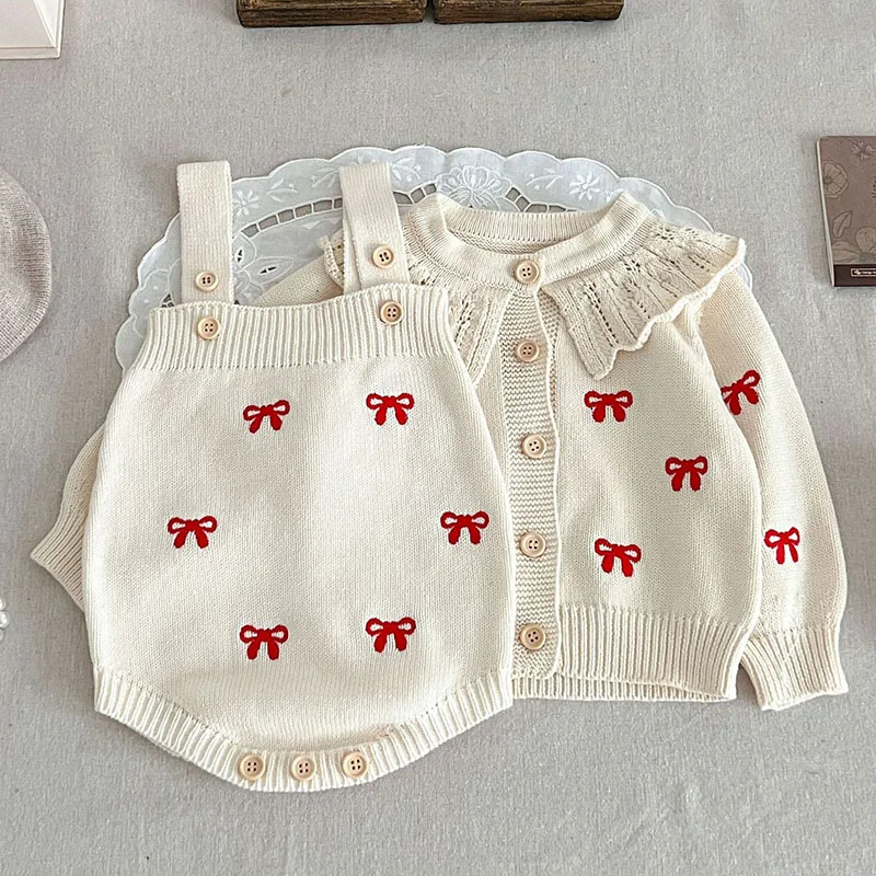 ZOETOPKID Autumn Winter Toddler Girl Knitting Clothes Suit Long Sleeved Embroidered Knitted Cardigan+Jumpsuit Baby Clothes Set 4