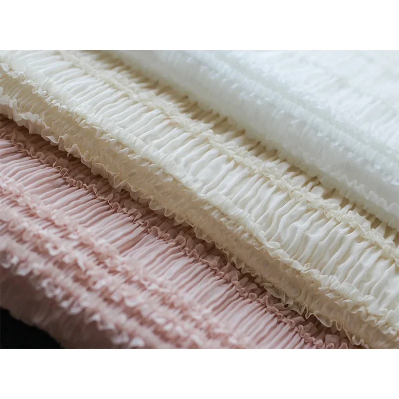Fairy Chiffon Fabric with Embroidered Stripes And Hooks Stretch Tulle for Wedding Dresses Wrinkled Texture by the Meter