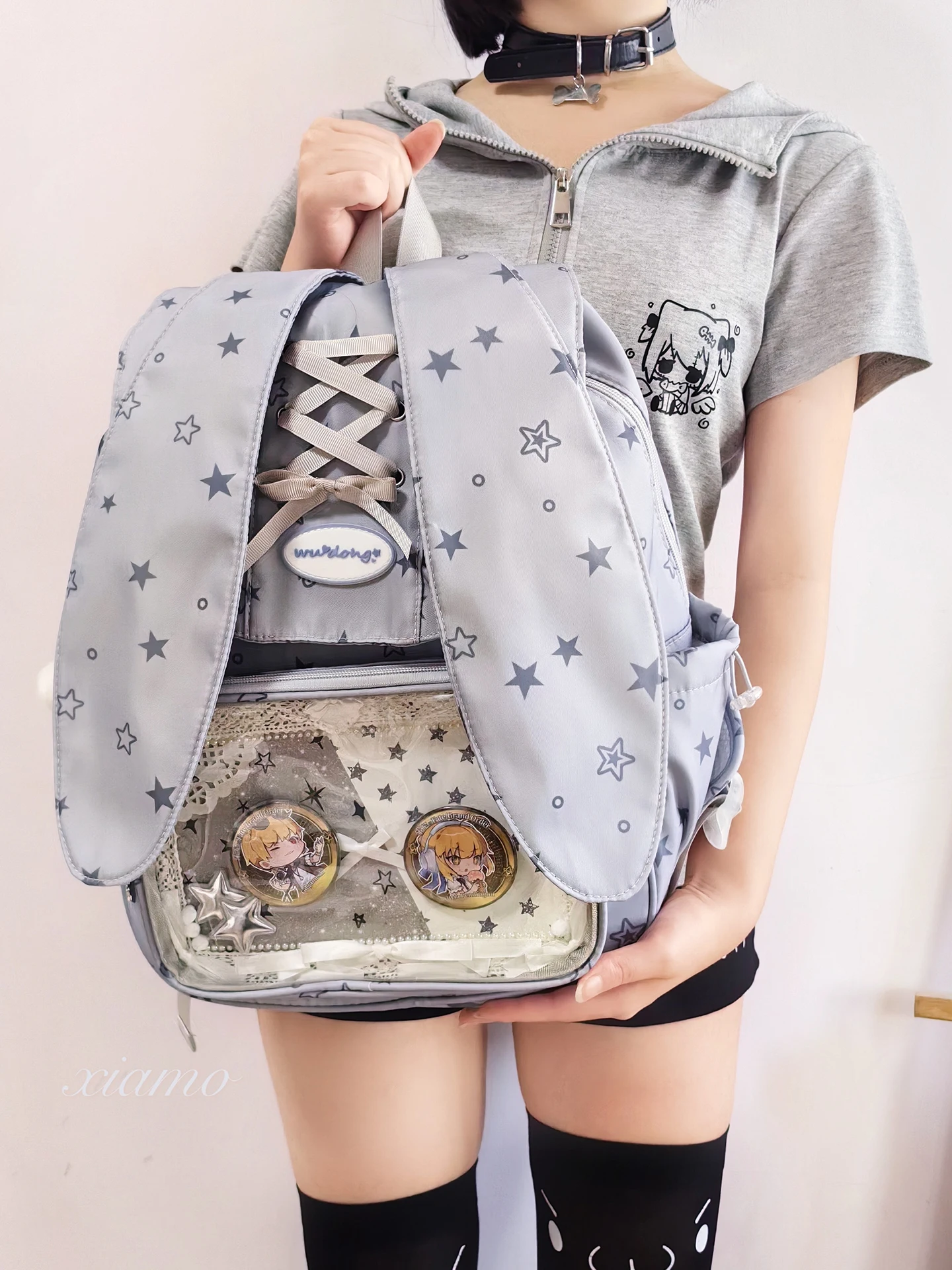 Japanese Cute Sweet Original Daily Versatile Double Shoulder Schoolbag Women's Two-dimensional Rabbit Ear Bow Lta Bag Backpack