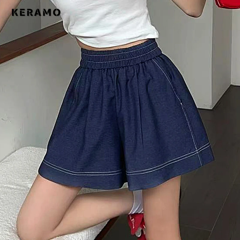 

Y2K Sexy Sweet Style Shorts Elastic Waist Street Style Vintage Punk Jean Women's Casual Loose Knee Length Harajuku Denim Shorts