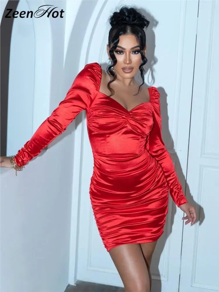 女性のためのセクシーなタイトなサテンドレス,長袖,レッド,無地,ハート型のネック,ミニ,イブニング,クラブ,新しいコレクション2022