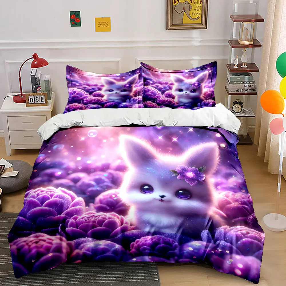 Adorable Pet in Purple Fantasy Flowers Print Bedding Set 1 Duvet Cover 2 Pillowcases for Adult and Children Luxury Gift