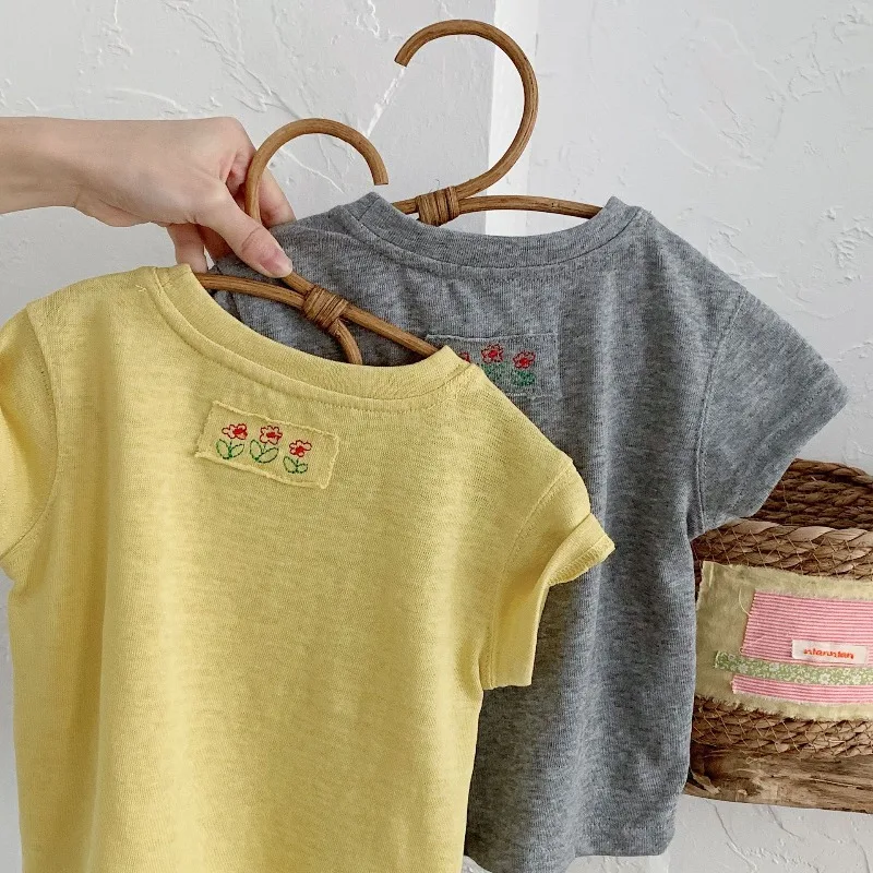 

Girls Floral Embroidered T-Shirt Summer 2026 Short Sleeve Tee for Kids Fashion Casual Basic Tops Toddler Outfits Clothing 1-10T
