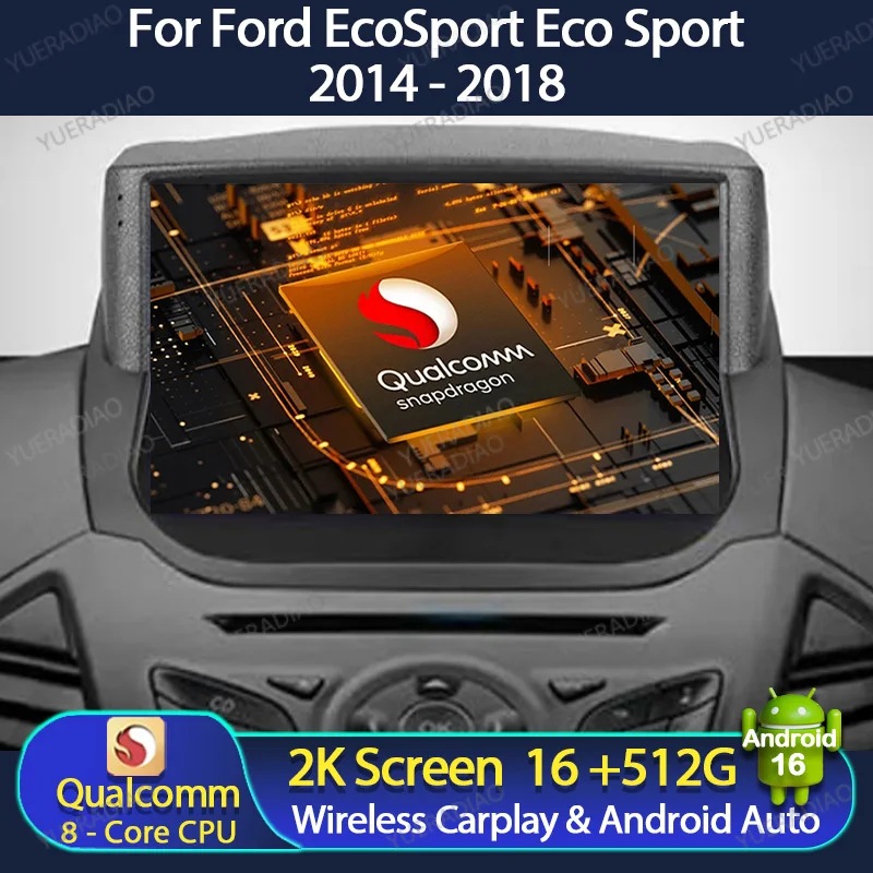 Android 16 Autoradio für Ford EcoSport Eco Sport 2014 - 2018 BT GPS NAVI 2DIN Multimedia Stereo Videoplayer Head Unit QLED