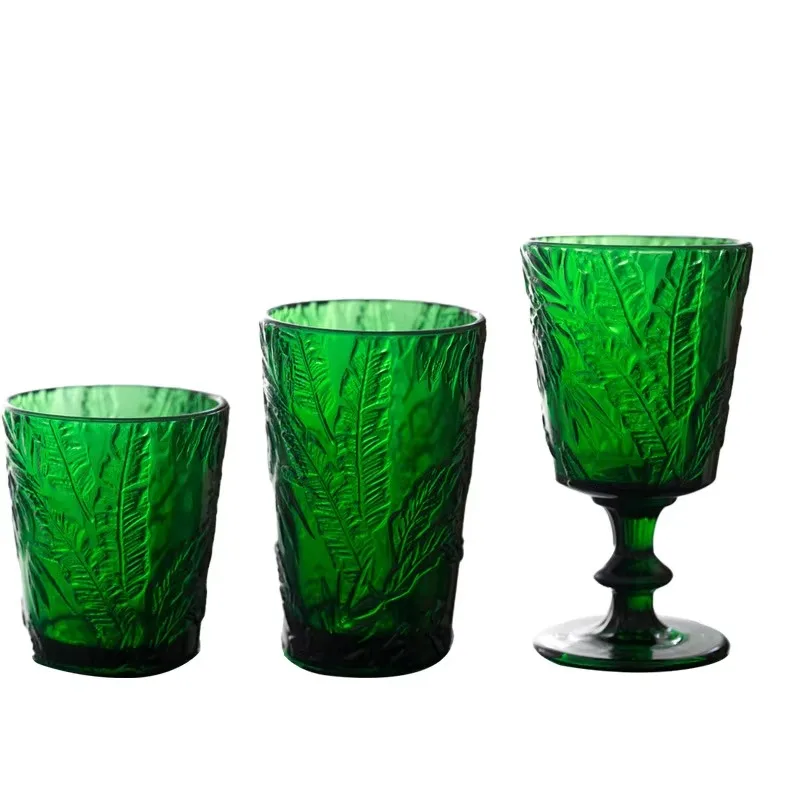 Vintage Embossed Green Glasses Goblet Heavy Thick Dessert Wine Glasses Goblets Stemware Side Water Whiskey Glass Cup