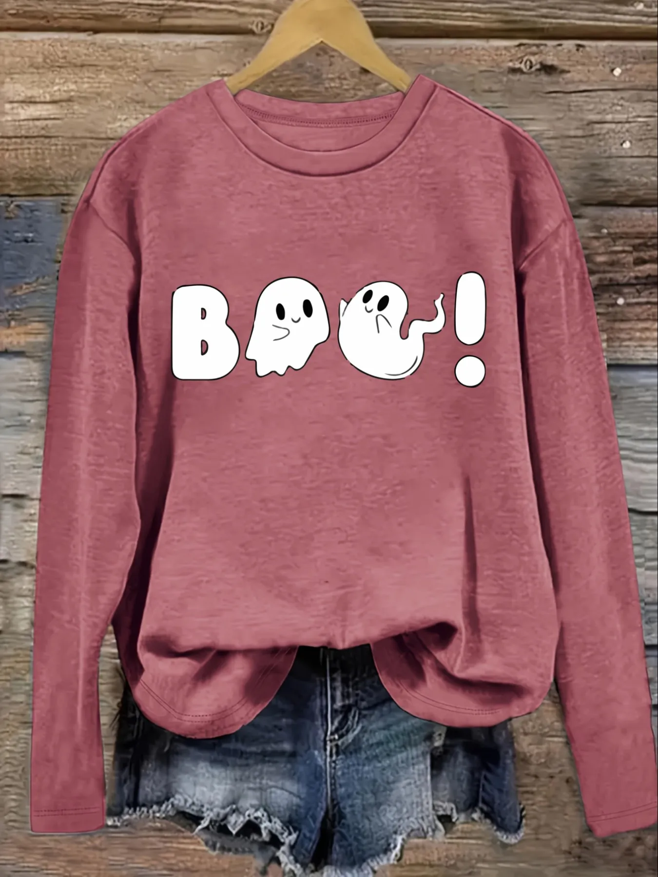 Women's Casual Long Sleeve Crew Neck T-Shirt Boo Ghosts Halloween Fun Print Design, Round Neck Women's Clothing, Machine Washable, Slightly Elastic, Loose Fit, Spring Autumn Winter Women's T-Shirt, Halloween Costume Outfit view 3