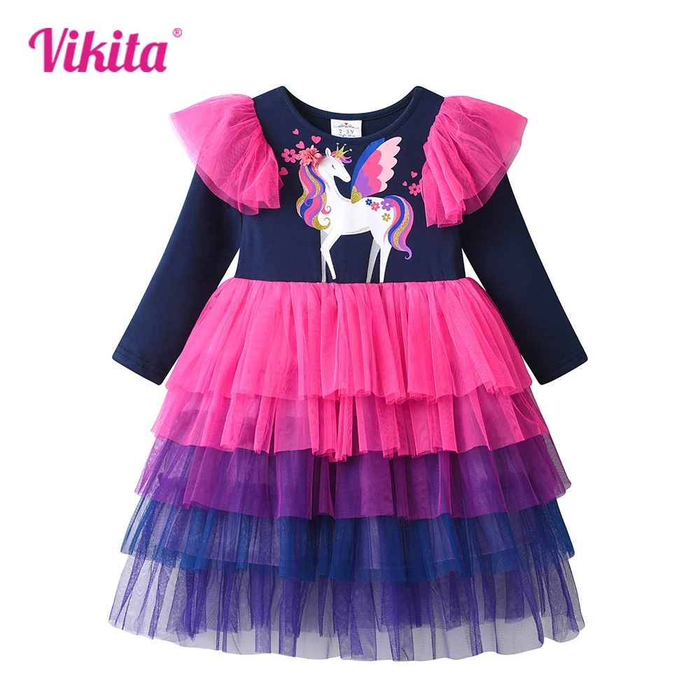 

VIKITA Children Clothing Girls Licorne Cartoon Print Dress Kids Long Sleeve Autumn Spring Birthday Party Mesh Layered Tutu Dress