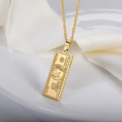 Creative Design Rectangle Gold Color 100 Dollar Pendant Necklace Stainless Steel Hip Hop Jewelry