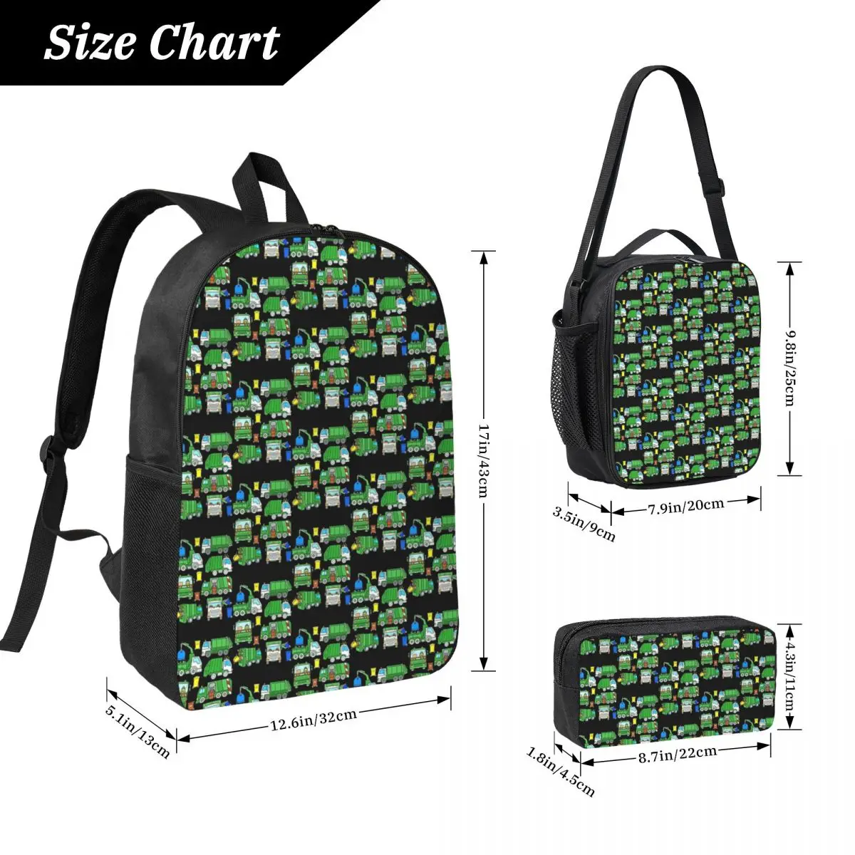 شاحنة نفايات تصميم Trashtrucks مجموعة القمامة المركبات على ظهره BookBag حقيبة مدرسية 3ps معزول حقيبة الغداء مقلمة