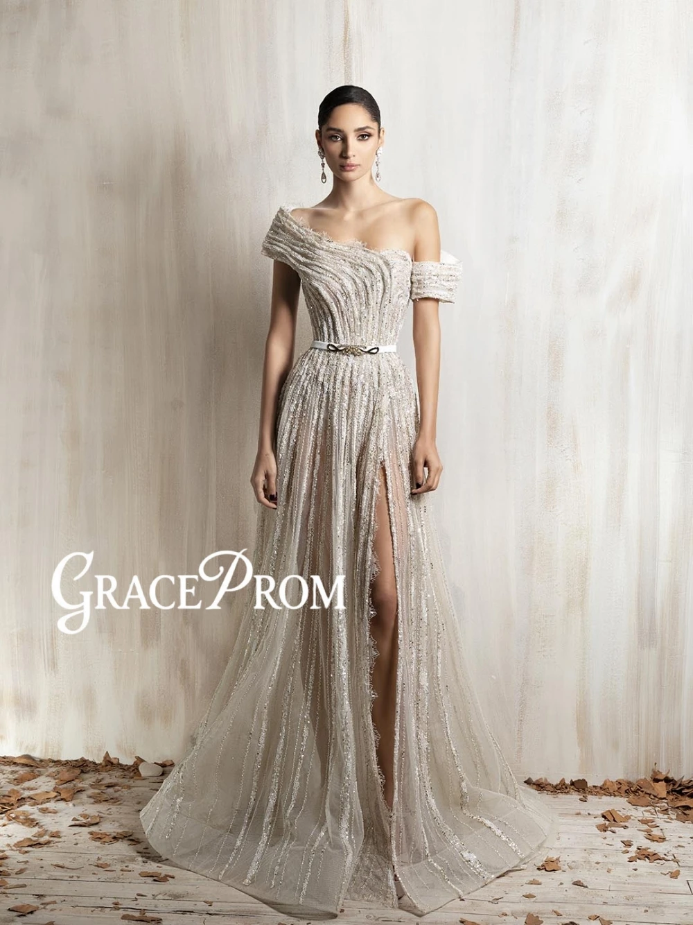 

Elegant Off Shoulder High Split Evening Dress Beaded Sequined Formal A Line Sheer Illusion Gown Wedding Guest Prom Customized