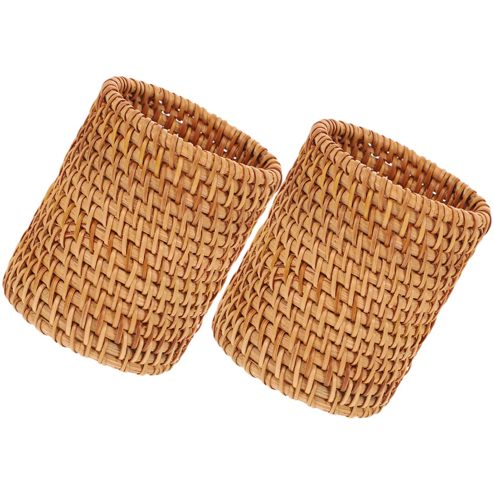 

2 Pcs Rattan Storage Tube Paintbrush Cylinder Canning Accessories Pencil Holder for Desk Cutlery Office Supply Makeup Portable