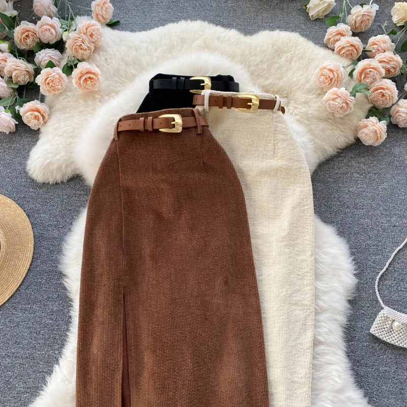 

Corduroy Skirts Vintage High Waist Belted Jupe A-line Mujer Faldas Long 3 Colors Split Skirt Casual Women Clothes Dropshipping