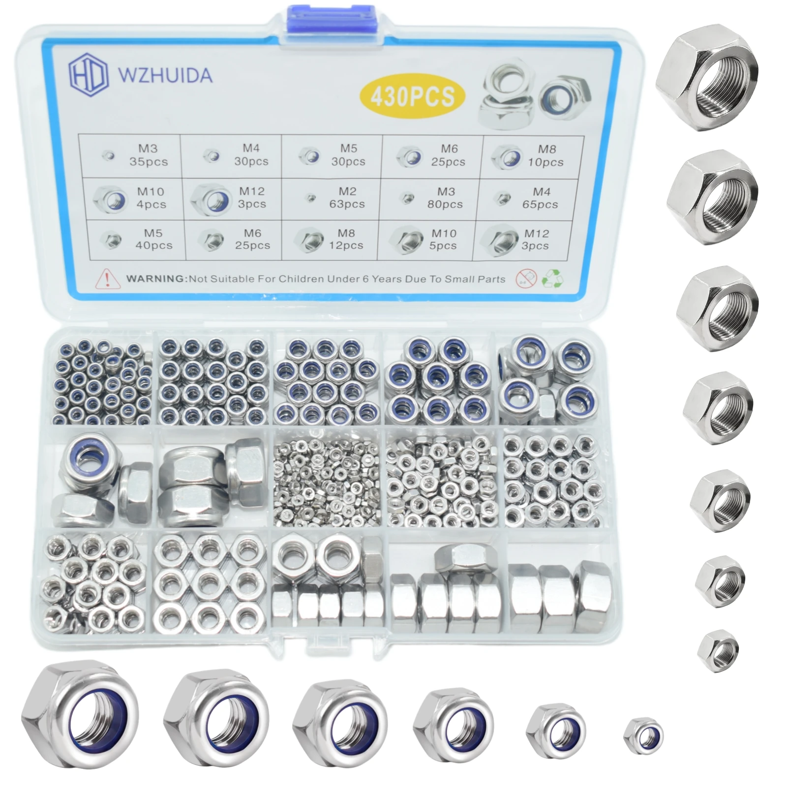 WZHUIDA 메트릭 육각 너트 및 잠금 너트 모음 키트, M2 M3 M4 M5 M6 M8 M10 M12 304 스테인리스 스틸 모듬 육각 너트 세트, 430 개