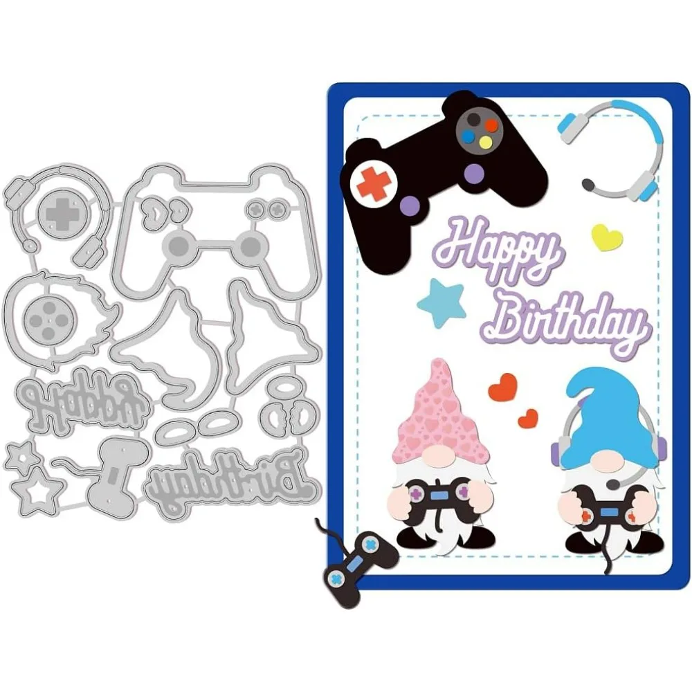 1Sheet Metal Game Console and Gnome Embossing Template Headphone Die Cuts Happy Birthday Die Set for Card Scrapbooking Card DIY