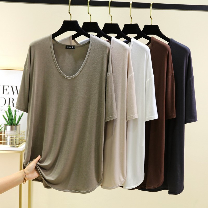  Loose Short Sleeve T-Shirt Women's Modal Thin Summer Outdoor Wear Large Size Half Sleeve Simple Casual Base Shirt 