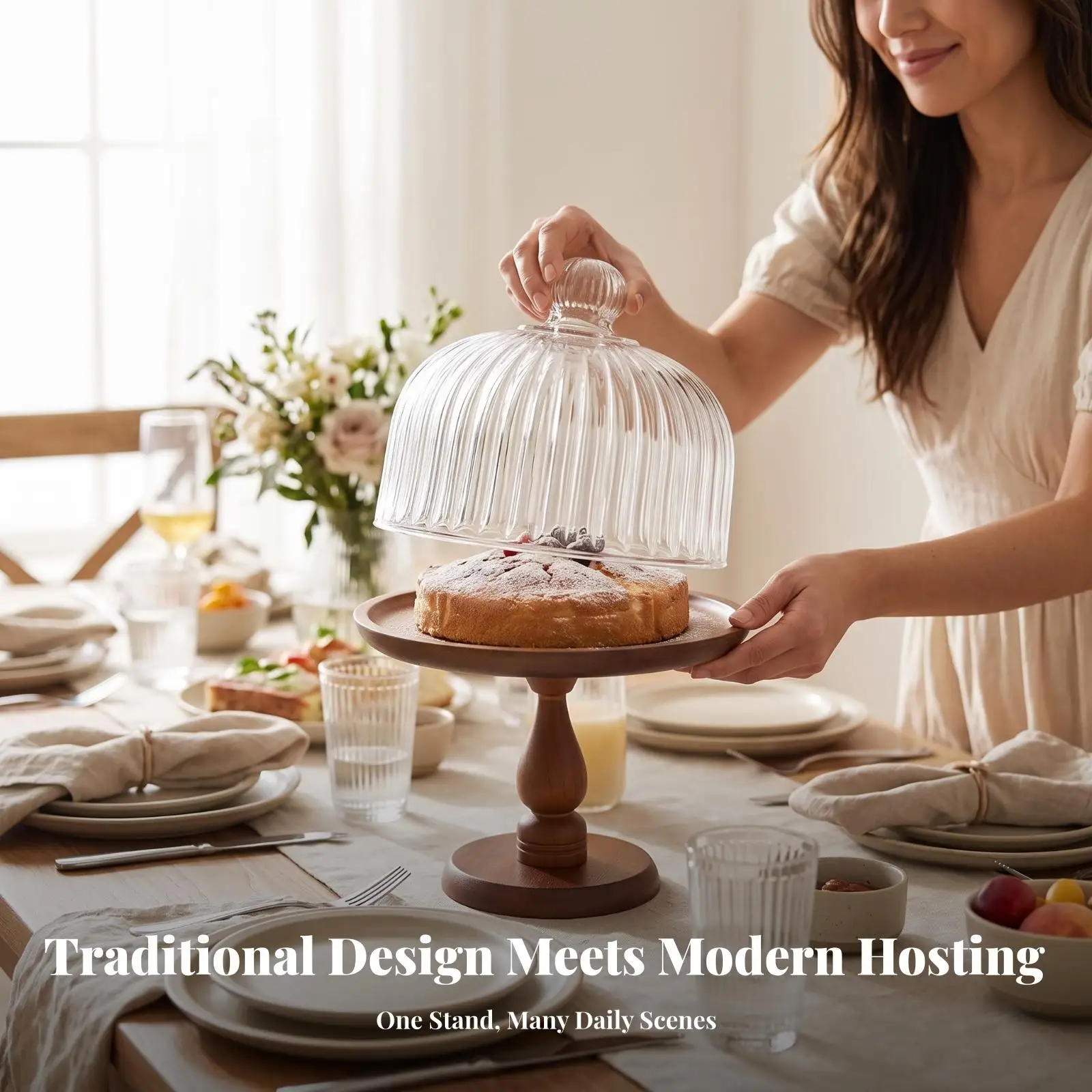 Glass Cake Display Stand with Wooden Base for Elegant Tabletop Centerpiece and Special Occasion Serving